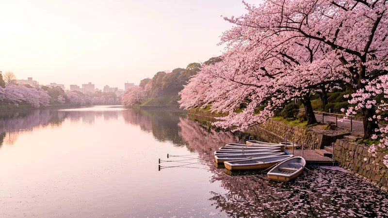 Cherry blossoms in full bloom overhanging Chidorigafuchi moat with rowboats at sunrise.