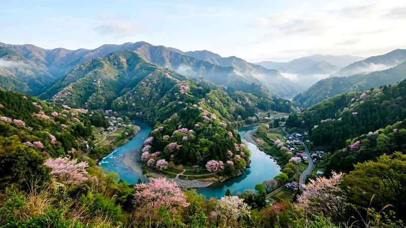 Misty forested mountains and winding river in Okutama, western Tokyo, in spring.