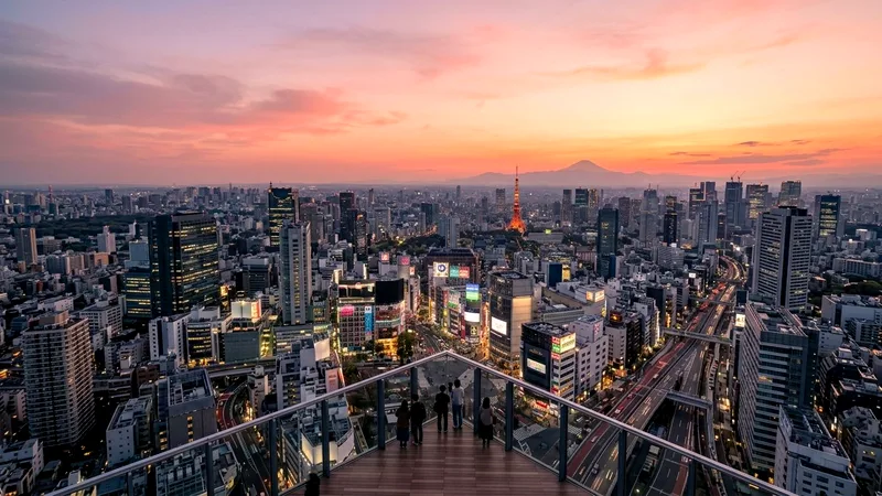 Tokyo skyline at sunset with Mount Fuji silhouetted on the horizon.