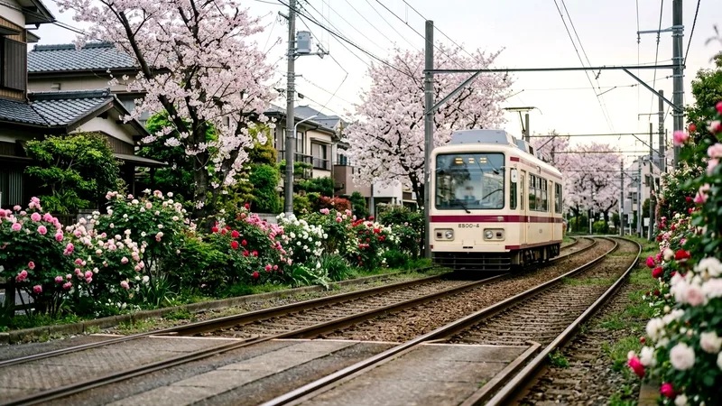 Toden Arakawa streetcar passing flowering trees in a quiet Tokyo neighbourhood.