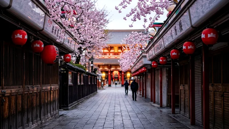 Quiet Nakamise shopping street with red lanterns leading to Senso-ji temple.